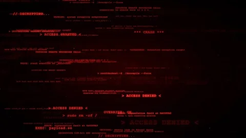 Digital hacking interface with scrolling red code and access denied security Stock Footage 336775942