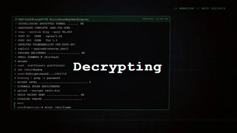 Digital hacking interface showing code execution and access granted message on Stock-Footage 345753930
