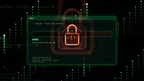 Digital hacking interface showing a security lock being decrypted with Stock Footage 343161368