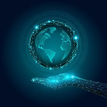 Digital hand and wireframe globe with circular interface elements. Global Illustrazione stock