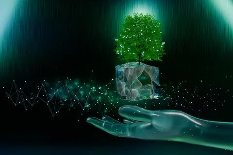 A digital hand holds a glowing tree in a cube Stock-Illustration