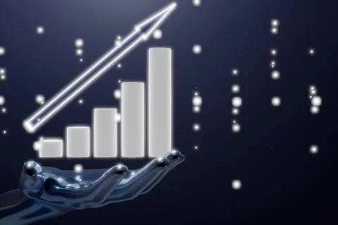 A digital hand holds a rising graph with sparkling elements Illustrazione stock