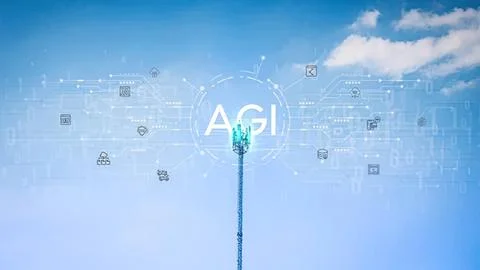 Digital hand reaching up with technology icons in sky Stock Photos