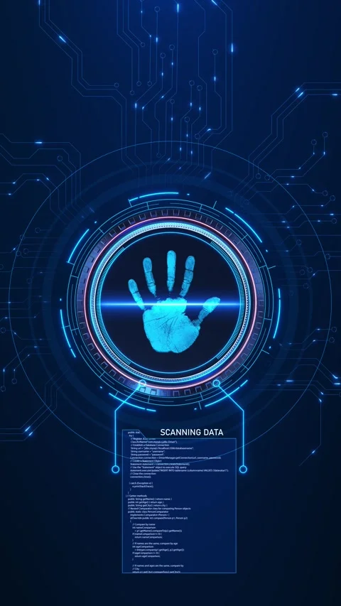 Digital hand scan interface biometric authentication system network connections, 스톡 동영상 342783302
