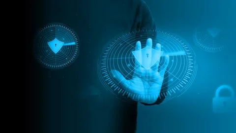 Digital hand touching screen with futuristic interface elements concept of .. 库存插图