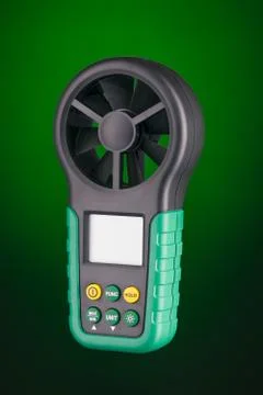 Digital handheld anemometer 3/4 view  isolated on green background Stock Photos