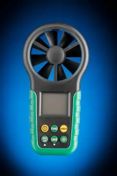 Digital handheld anemometer isolated on blue background Stock Photos