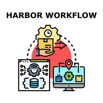 Digital harbor workflow managing containers and data transfers Stockillustratie