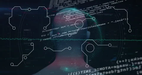 Digital head mesh glowing in virtual interface, streaming code lines and circuit Stock Footage 309036332