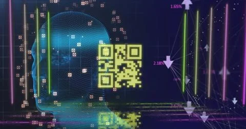 Digital head with QR code and data charts representing technology and analytics 스톡 사진
