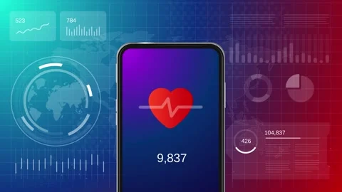 Digital health application on a smartphone screen showing a red heart icon Stock Footage 335980029