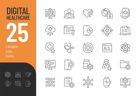 Digital Health Care Line Editable Icons set. Stock Illustration