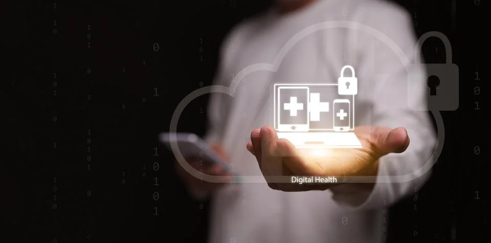 Digital health cloud computing concept. Man with smartphone holding icon. S.. Foto stock