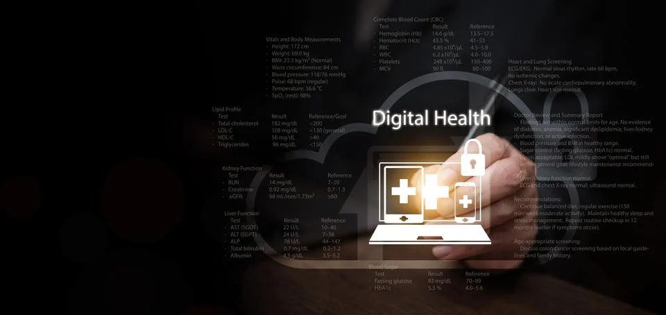 Digital health cloud computing concept. Man recording health data on icon. .. Foto stock