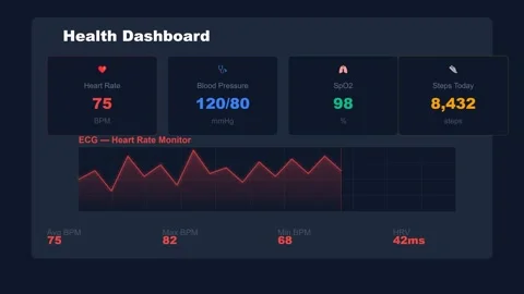 Digital Health Dashboard Interface Showing Vital Signs and Heart Rate Data Stock Footage 335474237