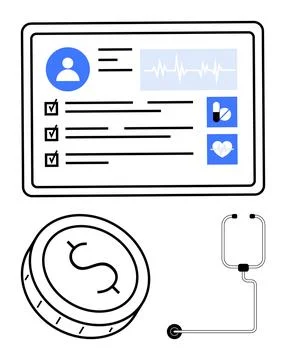 Digital Health Record with Stethoscope and Coin Symbolizing Medical and Fin.. Stock Illustration