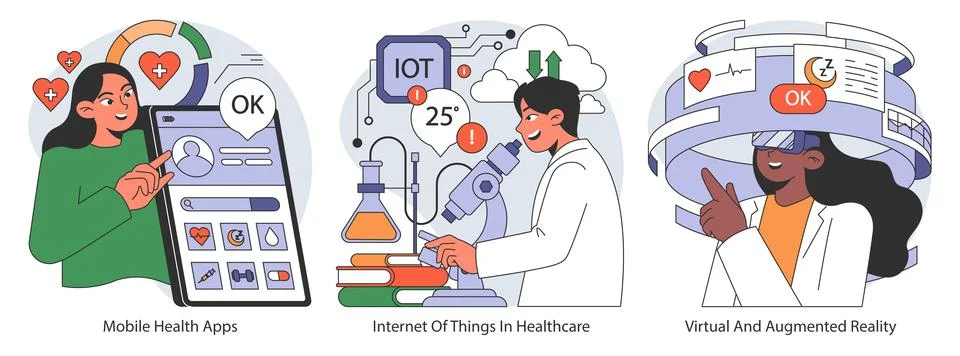 Digital healthcare set. Flat vector illustration. Stock Illustration