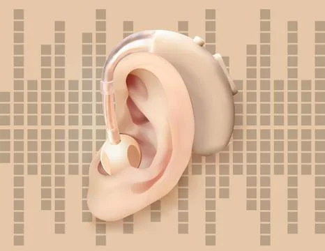 Digital hearing aid behind the ear, on the background of sound wave diagram Stock Illustration