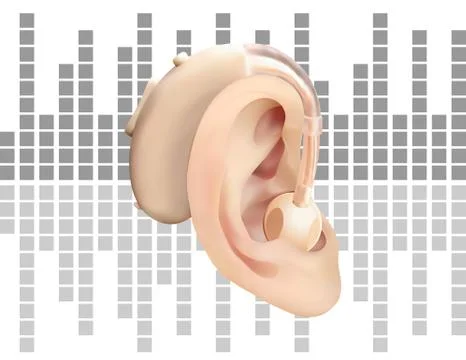 Digital hearing aid behind the ear, on the background of sound wave diagram Stock Illustration