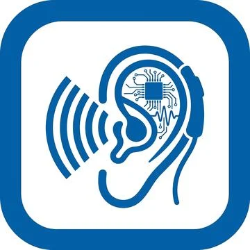 Digital hearing aid icon with blue circuit brain processing. 스톡 일러스트