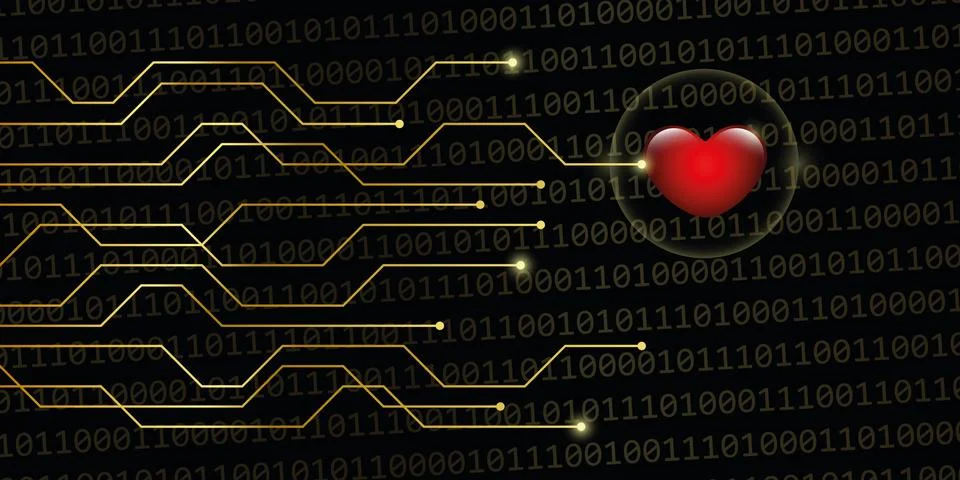 Digital heart on golden binary code background online dating con Stock Illustration