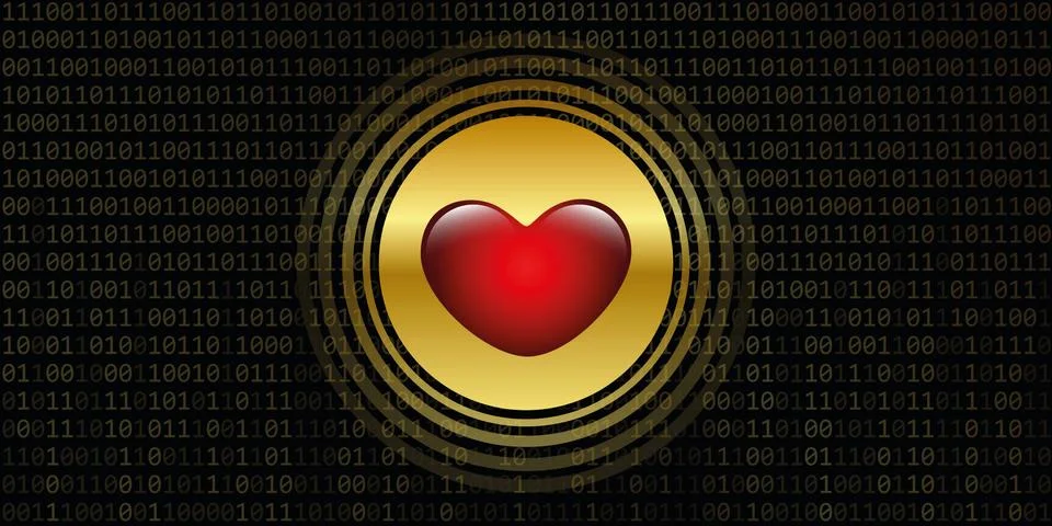 Digital heart on golden binary code background Illustrazione stock