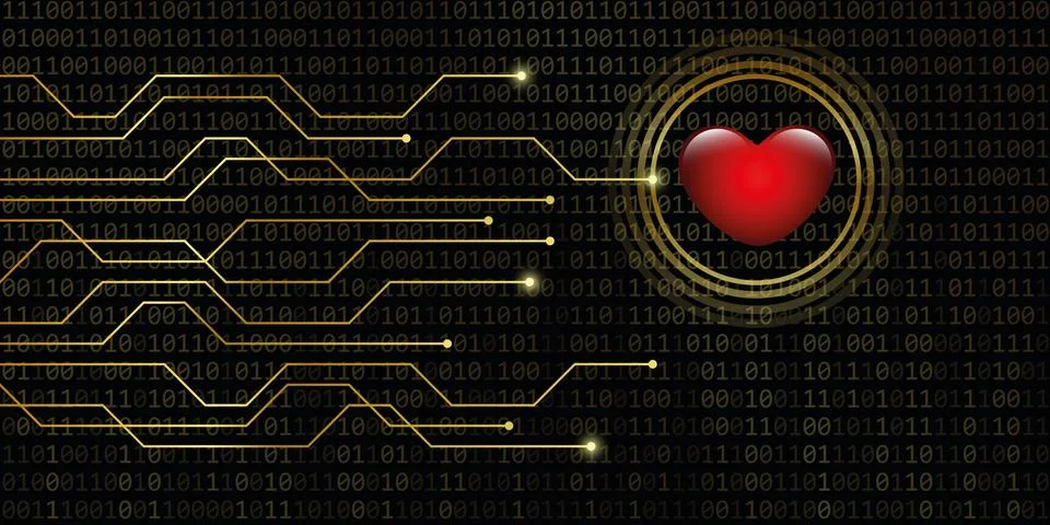 Digital heart on golden binary code background Stock Illustration