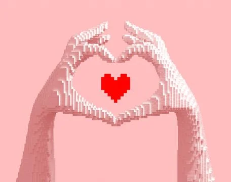 Digital heart from hands made of 3d pixels. NFT concept. 스톡 일러스트