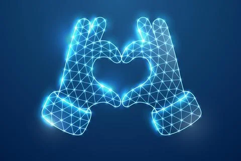 Digital heart made by hands in glowing polygon wireframe mesh. Neon blue Stock Illustration