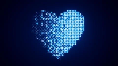 Digital heart shape forming from blue glowing pixels and circles on a dark Stock Illustration