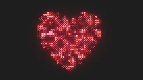 Digital heart shape made of pulsating red circles and pixels on a dark Stock Photos