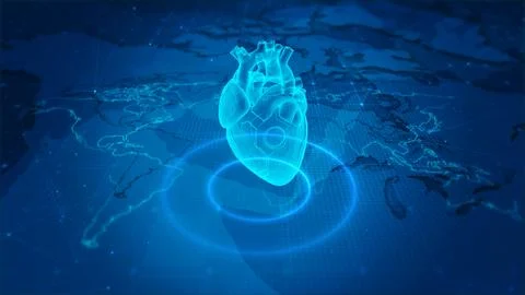 Digital Heart with World Map Background Illustrating Global Healthcare Technolog Stock Illustration