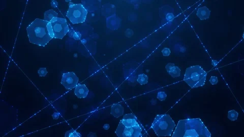Digital hex cell connection visual blue polygons, particle nodes, and crossing n Stock Footage 340479730