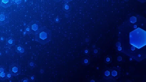 Digital hex particle visual with bright blue dots, glowing polygon layers, and d Stock Footage 340574441