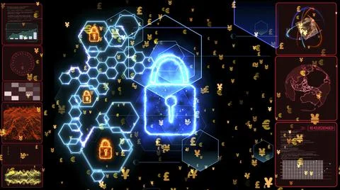 Digital hexagon circuit wire and lock protection and polygon with social medi Stock Illustration