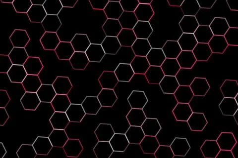Digital hexagon pattern with red and white lines on black Stock Illustration