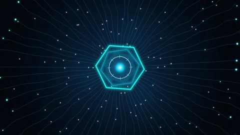 Digital hexagon structure with glowing nodes and connectivity lines in dark.. 스톡 동영상 346771041