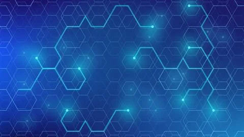 Digital hexagonal pattern with glowing lines in a blue background Stock Illustration