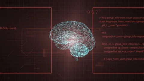 Digital Hologram Brain Moving Through Hud Screens 02 Stock Footage 106481733