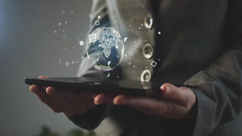 Digital hologram with a globe over a tablet in the hands of a businesswoman. Cg Stock Footage 269146279