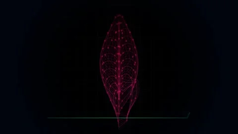 Digital hologram leaf structure with pulsing heartbeat monitor line on dark.. Stock Footage 346880702