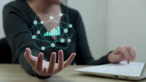 Digital hologram of orbiting network and growth chart hovering above Stock Footage 345379541