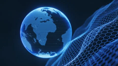 Digital hologram of rotating earth globe with glowing blue neon grid wave f.. Vidéo 332221900