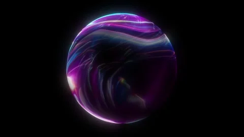 Digital hologram sphere in blue violet tones on black background. Digital t.. Stockbeeldmateriaal 342445864