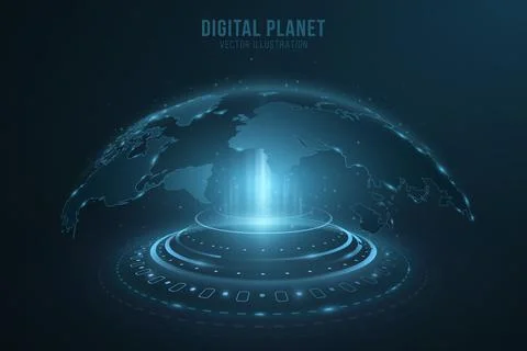 Digital holographic dot world map with HUD elements. Earth globe hologram. Fu Illustrazione stock