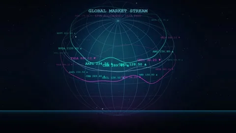 Digital holographic globe displaying real time global market stream and Stock Footage 344775894