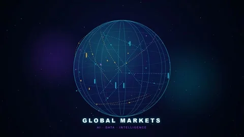 Digital Holographic Globe with Floating Data Points and Financial Market Stock Footage 344775973