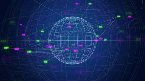 Digital holographic globe with flowing data streams and numeric codes on a dark Stock Footage 343171393