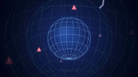 Digital Holographic Globe with Red Warning Alerts and Electric Lightning Strike Stock Footage 341826322