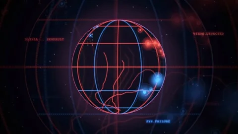 Digital Holographic Globe with Red Warning Alerts and Cyber Security Data Stock Footage 341829937